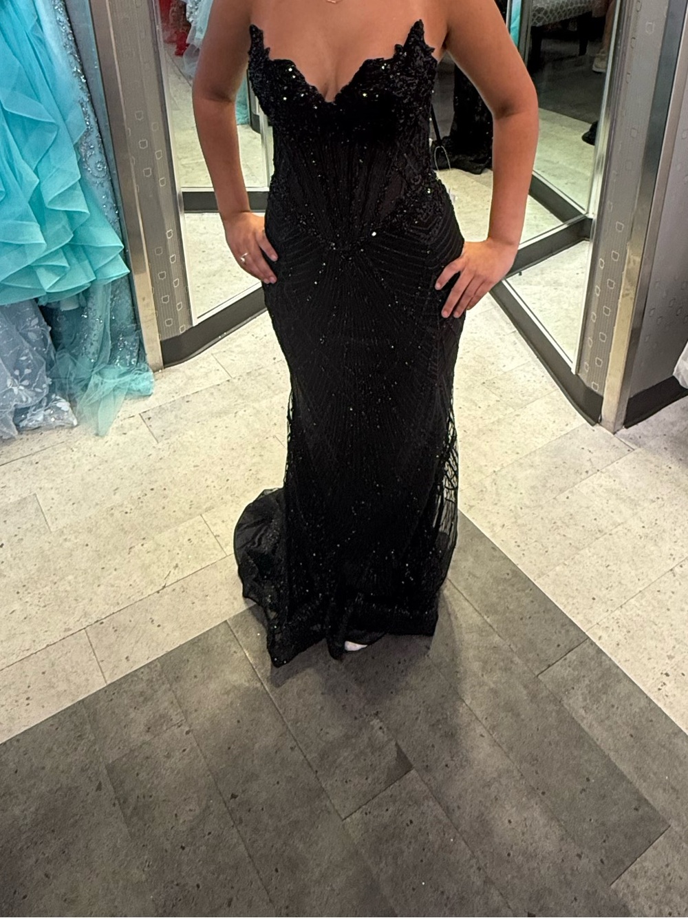 Black Beaded Strapless Evening Prom Gown